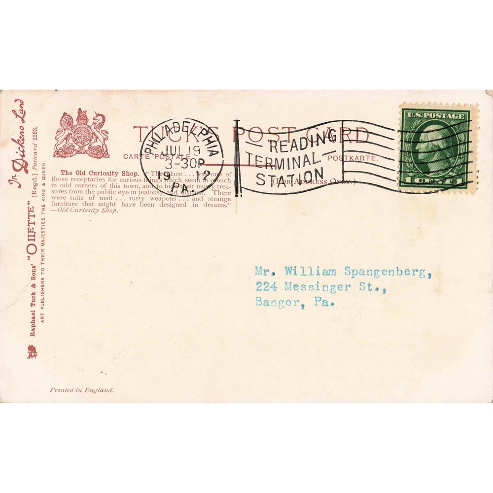 Old Curiosity Shop Charles Dickens Tuck Oilette Postcard Philadelphia PA 1912 - Picture 2 of 2